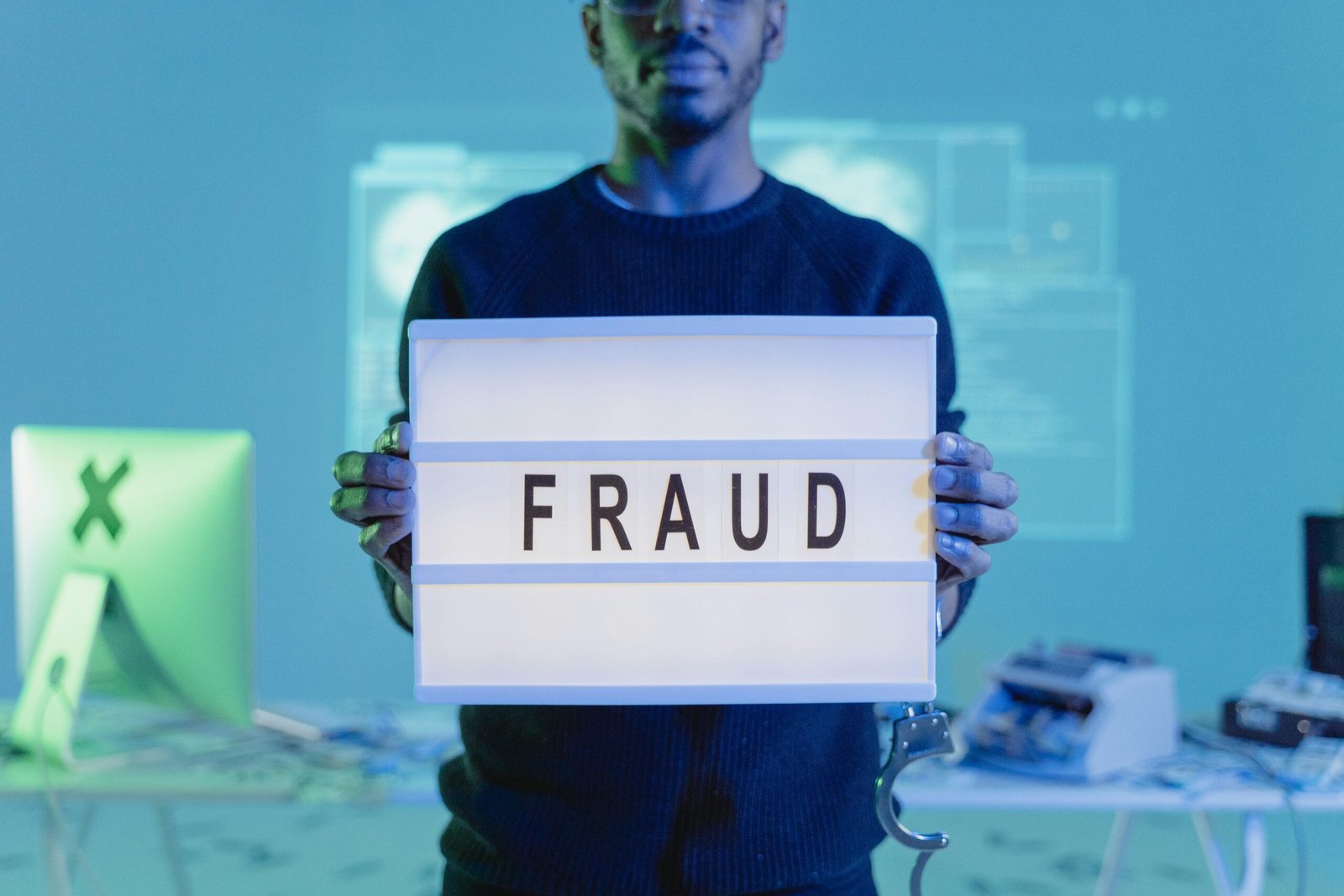 a man holding a fraud board